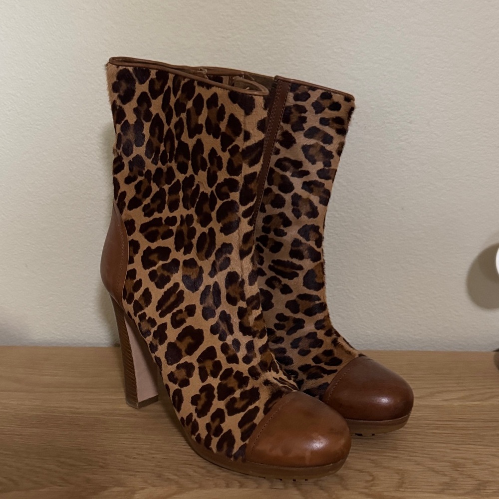 UGG Leopard Print Pony Hair Ankle Heeled Boots with Brown Leather Trim -NTOW